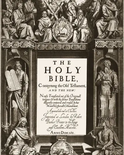 The engraved title page of the first King James Bible, 1611.