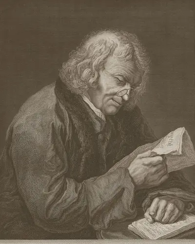 An engraving of Benjamin Franklin reading, 1787.