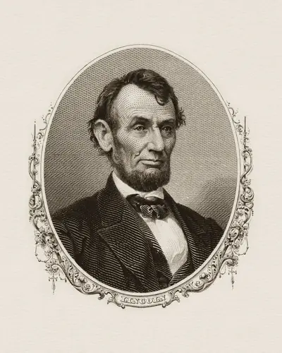 An engraved portrait of Abraham Lincoln.