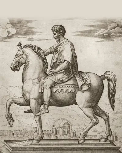 An engraving of the equestrian statue of Marcus Aurelius.