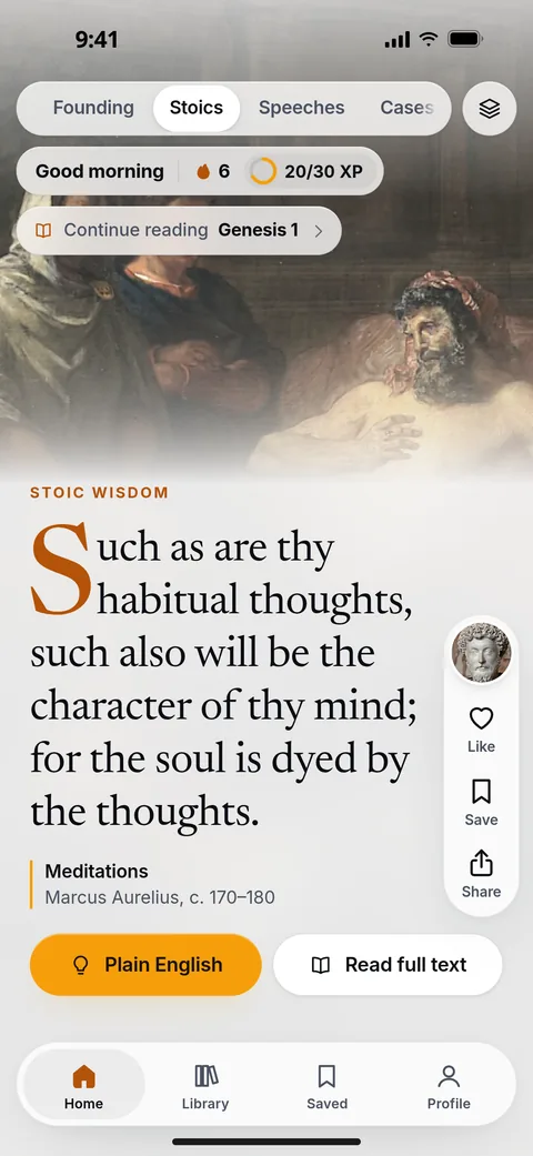 A Stoic Wisdom card in Mind Over Scroll: “Such as are thy habitual thoughts, such also will be the character of thy mind; for the soul is dyed by the thoughts,” from the Meditations of Marcus Aurelius.