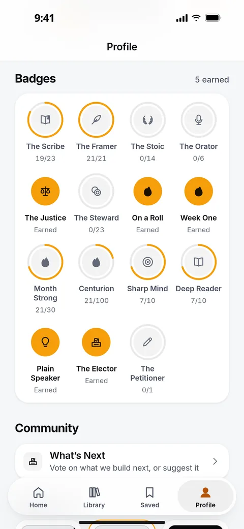 Fifteen badges, five of them earned, among them The Justice, On a Roll and The Elector, with rings filling toward the rest, like Sharp Mind at 7 of 10.