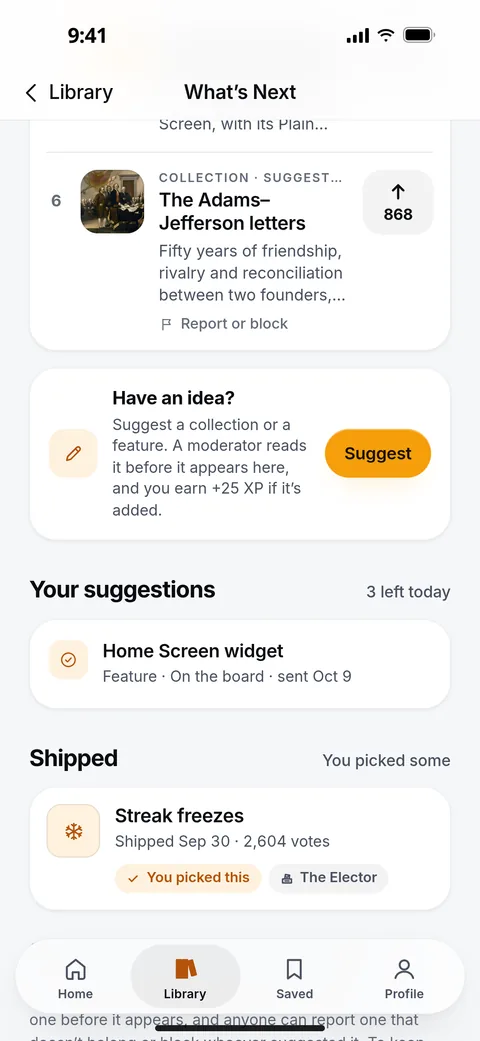 Further down the board: Have an idea? with a Suggest button, your own suggestions, and Shipped, where Streak freezes is marked You picked this.