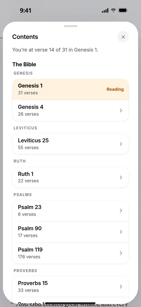 Contents over the full text: “You’re at verse 14 of 31 in Genesis 1,” then the chapters of The Bible collection book by book: Genesis 1, marked Reading, Genesis 4, Leviticus 25, Ruth 1, Psalms 23, 90 and 119, and Proverbs 15.