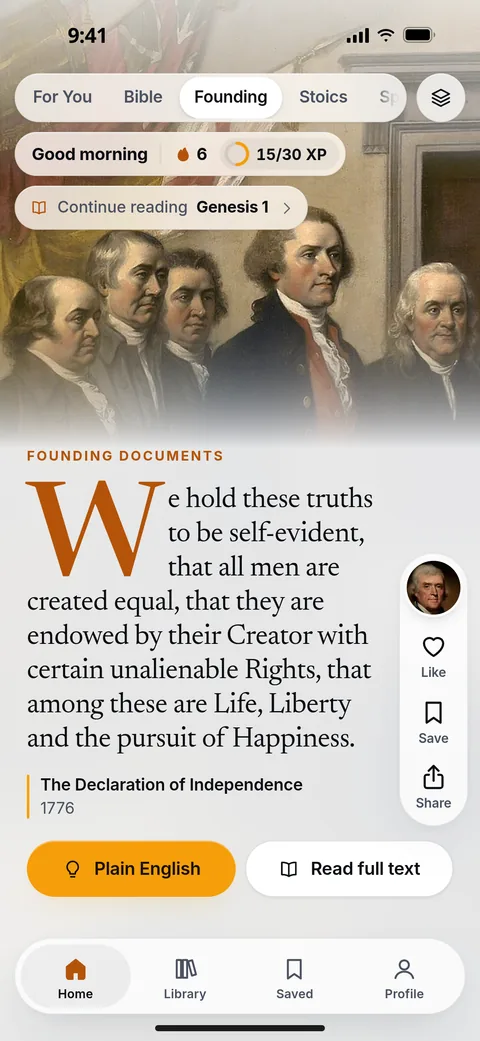 A Founding Documents card in Mind Over Scroll: “We hold these truths to be self-evident, that all men are created equal…” from the Declaration of Independence, over a painting of the founders. Above it, a greeting, a 6-day streak, today’s goal at 15 of 30 XP and Continue reading Genesis 1; below it, Plain English and Read full text.
