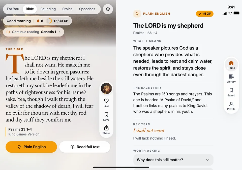 Mind Over Scroll open on iPhone Duo’s inner display like a book: Psalm 23 on the left page, “The LORD is my shepherd; I shall not want…”, and its Plain English on the right, with what it means, the backstory, a key term and questions worth asking.