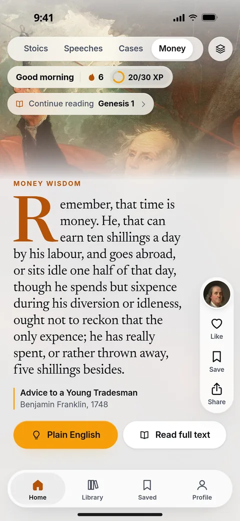 A Money Wisdom card in Day, dark ink on warm paper: “Remember, that time is money,” from Benjamin Franklin’s Advice to a Young Tradesman, 1748.