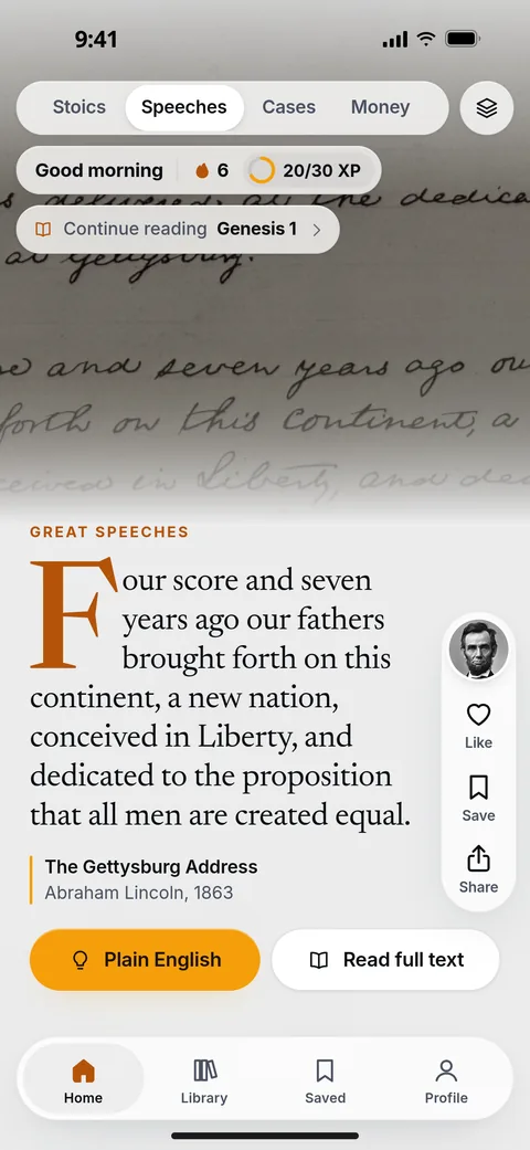 The opening of the Gettysburg Address as a card in the feed: “Four score and seven years ago our fathers brought forth on this continent, a new nation, conceived in Liberty…” with Plain English and Read full text below.