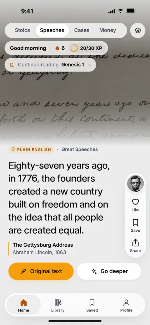 The same card in Plain English: “Eighty-seven years ago, in 1776, the founders created a new country built on freedom and on the idea that all people are created equal,” with Original text and Go deeper below.