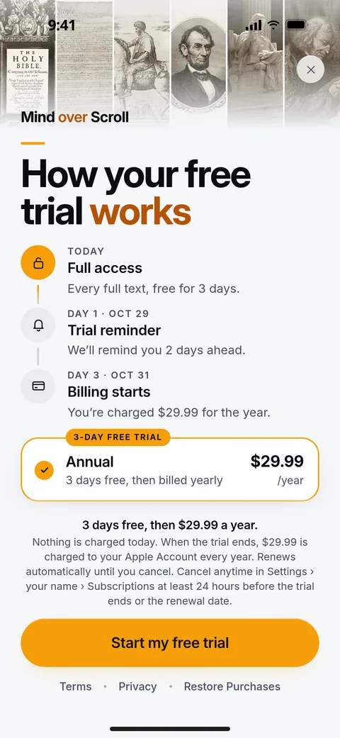 The app’s subscription screen: How your free trial works, with today, the trial reminder and the day billing starts, and Annual at $29.99 a year with a 3-day free trial.