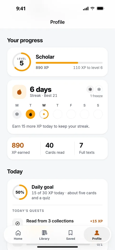 Your progress: level 5, Scholar, 110 XP from level 6; a 6-day streak with a streak freeze in hand; and 890 XP, 40 cards and 7 full texts so far.