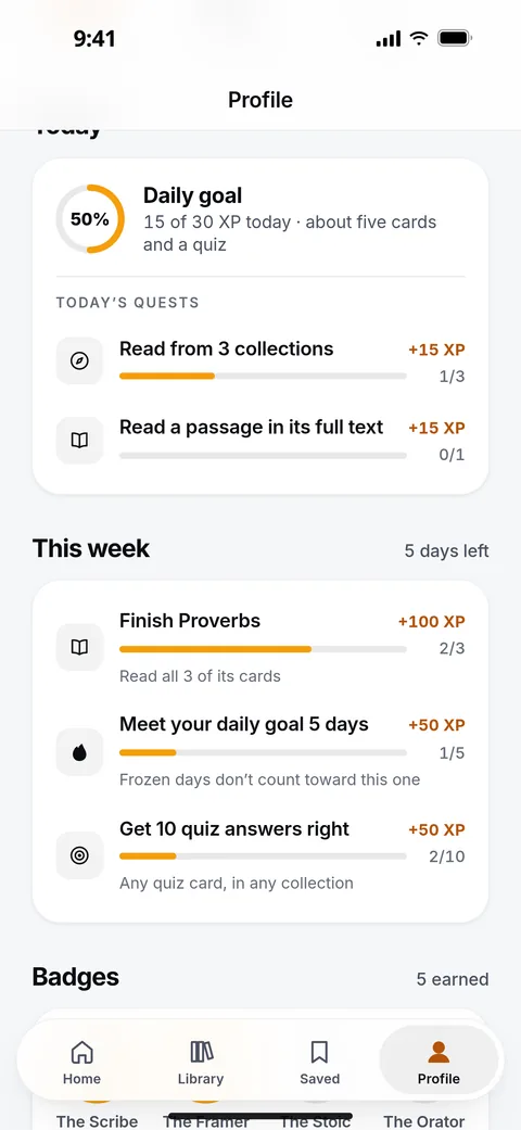 Today’s daily goal at 15 of 30 XP, two daily quests worth 15 XP each, and this week’s challenges: finish Proverbs for 100 XP, meet your daily goal on 5 days for 50 XP and get 10 quiz answers right for 50 XP.