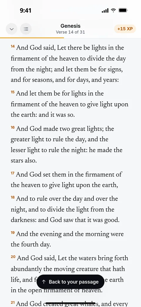 Genesis 1 in full, open at verse 14 of 31 where reading stopped, with the 15 XP a full text earns and a Back to your passage button.